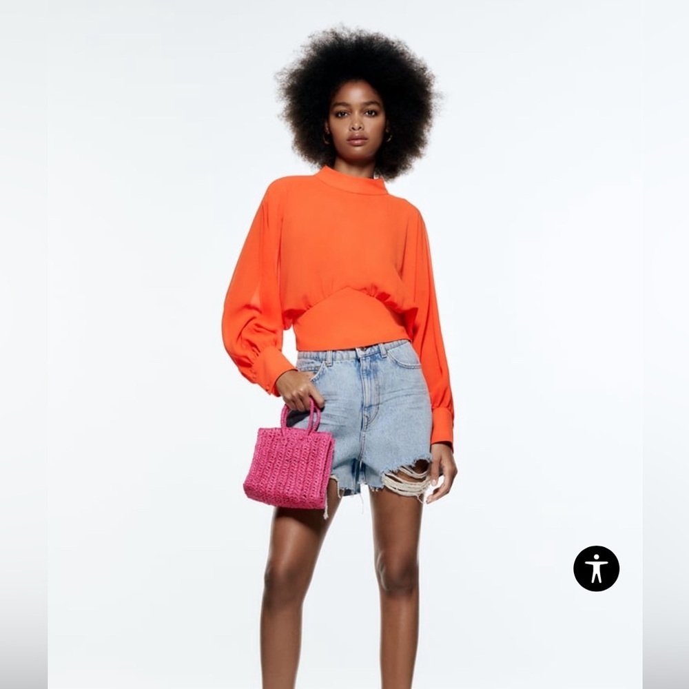 Zara Orange Flowy Top With Fitted Waist Size M